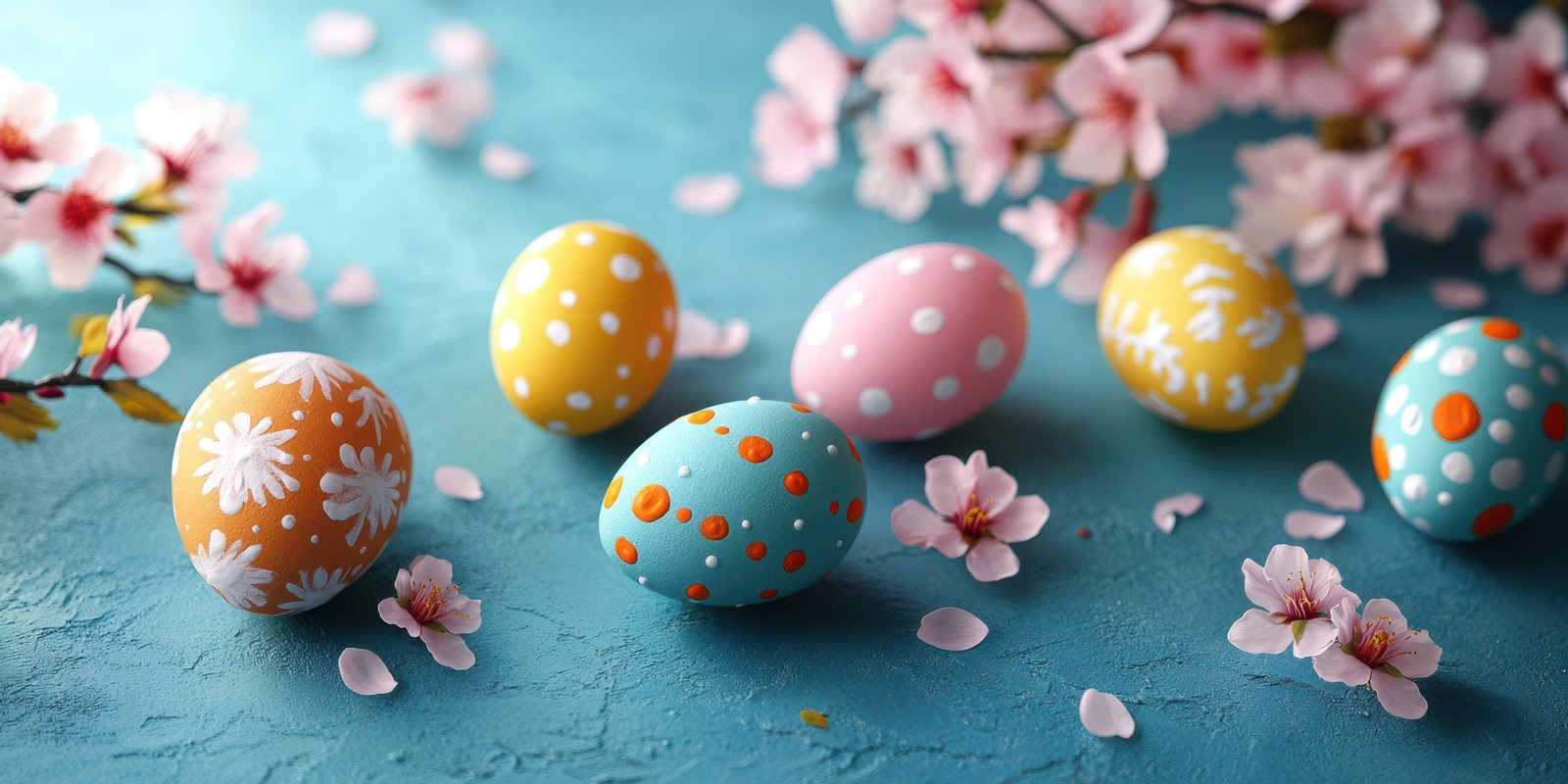 Colorful decorated eggs surrounded by cherry blossom petals on a blue surface during spring season